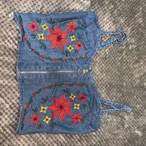 Jean Embroidered Hippy Boho Tube Top with Zipper